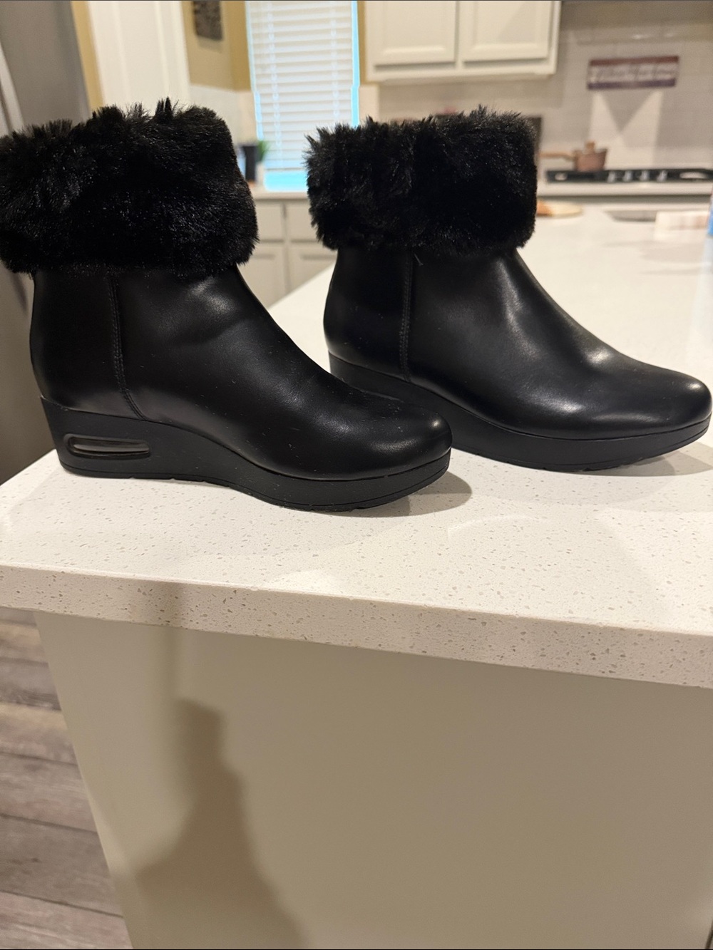 DKNY Black Faux-Fur Cuff Wedge Ankle Boots. Size 6.5 New